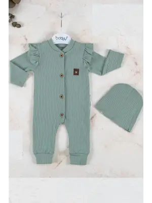 Boydan Düğmeli Şapkalı % 100 Pamuk Kız Bebek Tulumu