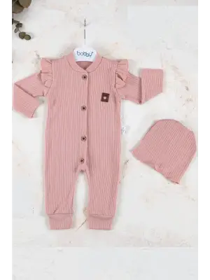 Boydan Düğmeli Şapkalı % 100 Pamuk Kız Bebek Tulumu