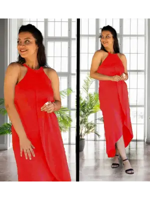 Boyun Askılı Eteği Kruvaze Kesim Viskon Kumaş Elbise