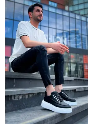 Omarı Yüksek Taban Beyaz Detaylı Siyah Günlük Spor Ayakkabı