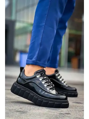 Omarı Yüksek Taban Günlük Spor Ayakkabı - Siyah Rugan