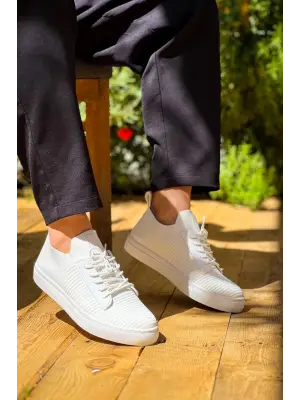 Cool Beyaz Triko Yüksek Taban Bağcıklı Erkek Ayakkabı