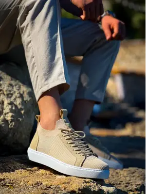 Modern Bej Triko Bağcıklı Ayakkabı