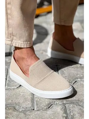 Omarı Yüksek Taban Bağcıksız Bej Triko Erkek Günlük Ayakkabı