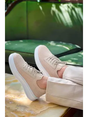 Omarı Bej Bağcıklı Triko Günlük Erkek Ayakkabı