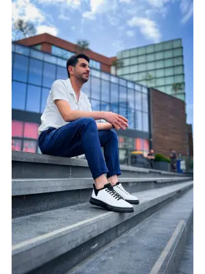 Omarı Yüksek Tabanlı Beyaz Siyah Keten Erkek Spor Ayakkabı