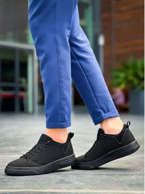 Omarı Yüksek Tabanlı Siyah Keten Erkek Spor Ayakkabı