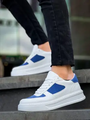 Omarı Mavi Süet Detaylı Yüksek Taban Beyaz Spor Ayakkabı