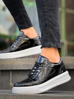 Omarı Siyah Rugan Detaylı Beyaz Yüksek Taban Spor Ayakkabı