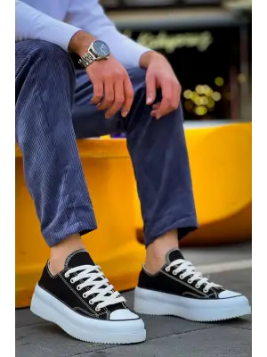 Omarı Yüksek Taban Siyah Keten Spor Ayakkabı