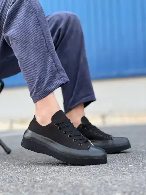 Omarı Yüksek Taban Siyah Keten Spor Ayakkabı