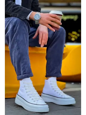 Omarı Uzun Beyaz Keten Yüksek Taban Spor Ayakkabı