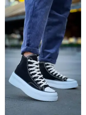 Omarı Yüksek Taban Siyah Keten Spor Ayakkabı