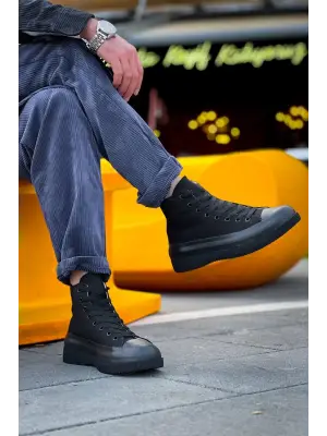 Omarı Siyah Keten Yüksek Taban Spor Ayakkabı