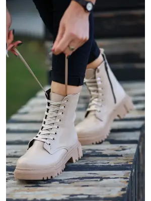 Nude Cilt Bağcıklı Bot Kadın Ayakkabı