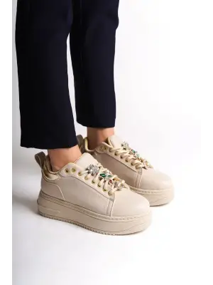 BRIANNA Bağcıklı Rahat tabanlı ayakkabı Tabaan Renkli Taş Dekorlu Bayan Spor tabanlı ayakkabı Spor Ayakkabı  CKısa Topuk - Krem/Altın