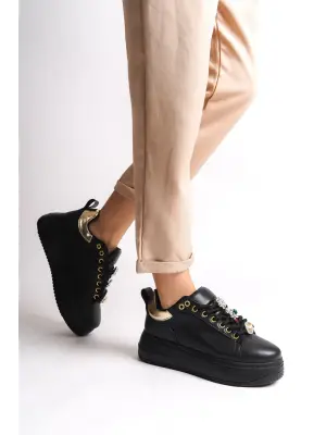 BRIANNA Bağcıklı Rahat tabanlı ayakkabı Tabaan Renkli Taş Dekorlu Bayan Spor tabanlı ayakkabı Spor Ayakkabı CGünlük Şık - Siyah/Altın