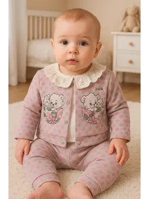 Brode İşlemeli Kalp Desenli 3lü Hırkalı Kız Bebek Takım