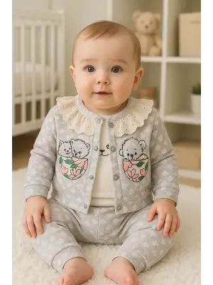 Brode İşlemeli Kalp Desenli 3lü Hırkalı Kız Bebek Takım