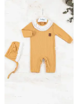 Brode Nakışlı Şapkalı % 100 Pamuk Kız Bebek Tulumu