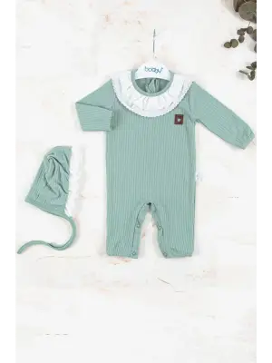 Brode Nakışlı Şapkalı % 100 Pamuk Kız Bebek Tulumu