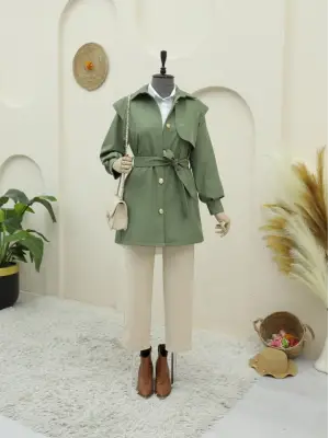 Broş Düğmeli Çift Düğmeli Kemerli Trençkot -Haki