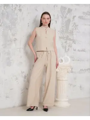 Broşlu yelek pantolon takım bej s255821