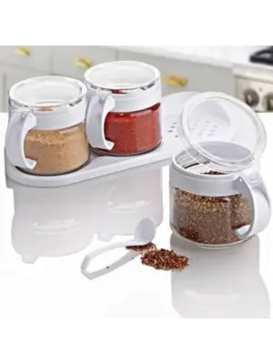 Omarı Beyaz 3lü Kapaklı Cam Baharatlık Takımı