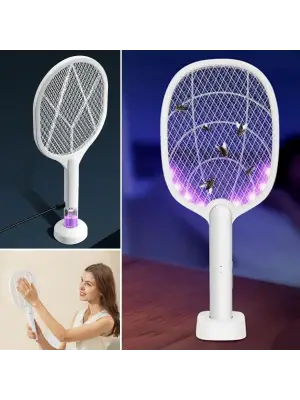 Omarı Mor Işık Şarjlı Sinek Kovucu Raket - Masaüstü Standlı 5w