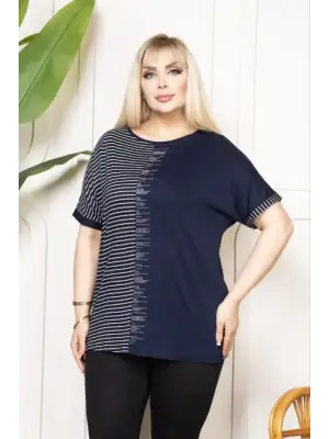 Lacivert Büyük Beden Taş Detaylı Çizgili Viskon Tişört Kadın Giyim