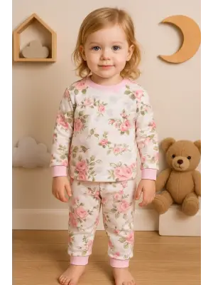 Büyük Çiçek Desenli Kız Bebek Eşofman Takımı %100 Pamuk