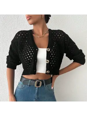 Büyük düğmeli delikli hırka siyah