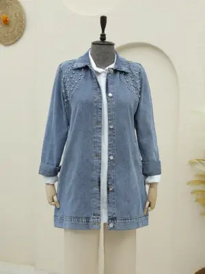 Omarı Taş Detaylı Düğmeli Cepli Kot Ceket - Buz Mavi