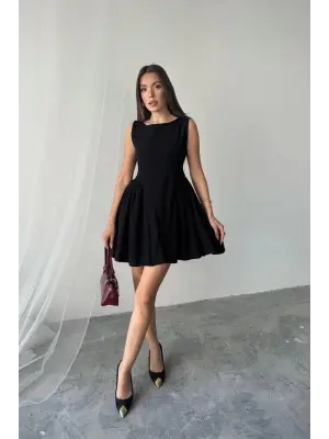 Omarı Zarif Siyah Keten Elbise