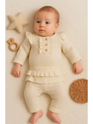 Büzgü Detaylı Fırfırlı % 100 Pamuk 2li Kız Bebek Takımı