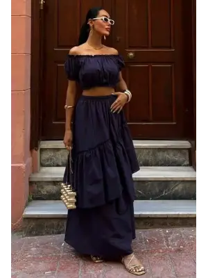 Büzgülü Crop Kat Detaylı Fırfır Etekli Takım 10196