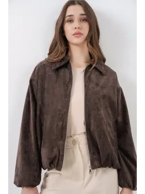 Büzgülü Oversize Kadife Ceket 0733 - Kahverengi