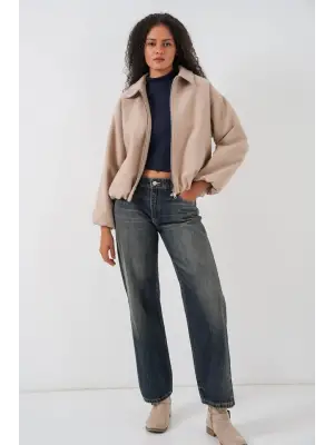 Büzgülü Oversize Kaşe Ceket 0728 - Bej