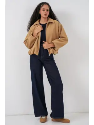 Büzgülü Oversize Kaşe Ceket 0728 - Hardal