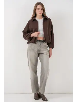 Büzgülü Oversize Kaşe Ceket 0728 - Kahverengi