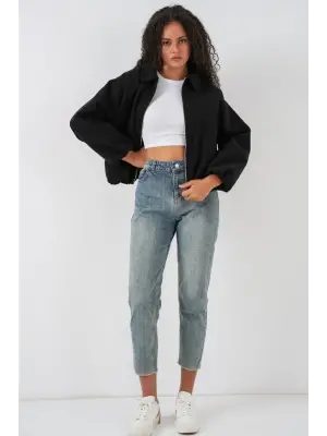 Büzgülü Oversize Kaşe Ceket 0728 - Siyah