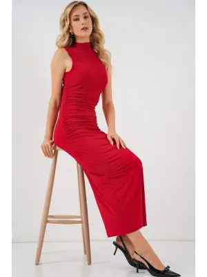 Büzgülü Sıfır Kol Drapeli Elbise 2579 - Kırmızı