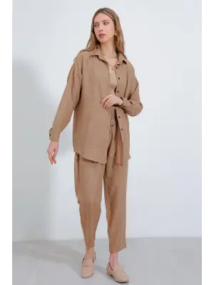 Camel Oversize Keten Alt Üst Takım 6622