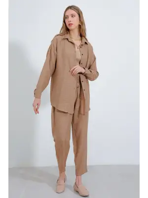Camel Oversize Keten Alt Üst Takım 6622
