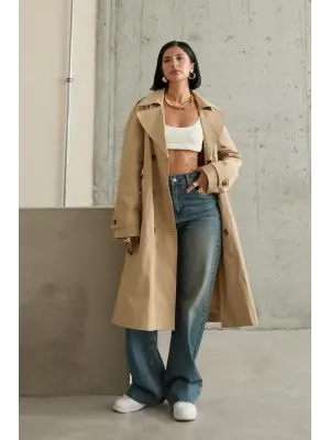 Şık Camel Uzun Kemerli Trençkot