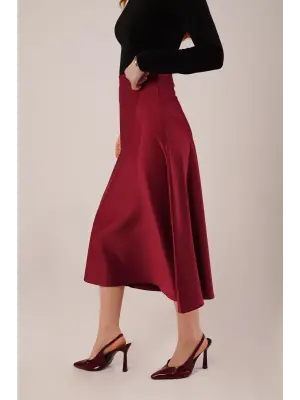 Çan Kesim Midi Bordo Saten Etek