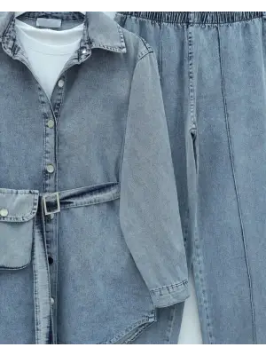 Çanta Cepli Çimalı Pantolonlu Kot Takım -Mavi