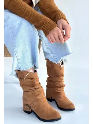 Canty Taba Süet Körüklü Topuklu Çizme