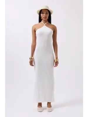 Omarı Kolsuz Çapraz Askılı Maxi Elbise