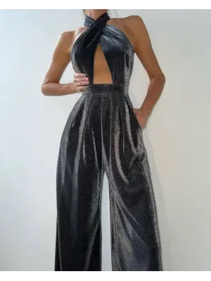 Omarı Çapraz Dantel Detaylı Sim Desenli Tulum